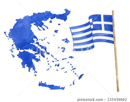 Watercolor composition with the silhouette of the country and the striped flag of Greece. Watercolor set on an isolated background. Realistic clipart for commemorative albums, travel booklets 135436662