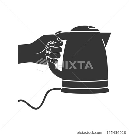 Silhouette icon of a hand holding an electric kettle Silhouette icon of a hand holding an electric kettle 135436928