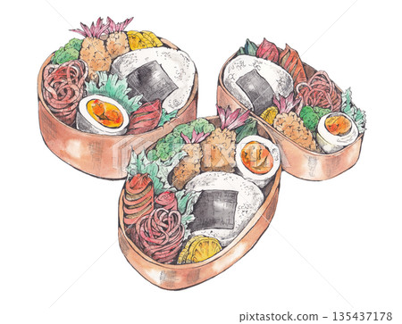 Hand-drawn watercolor illustration of a bento box 135437178