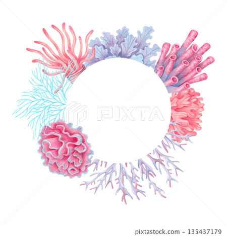 Round marine frame with colorful corals. Marine fauna and animals. The forms a wreath with space for text. Hand drawn watercolor illustration. Underwater style for children's projects, marine themes 135437179