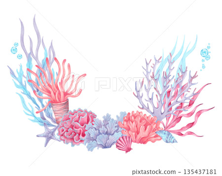 Watercolor marine composition featuring coral, seaweed, plants, shell, starfish. The underwater world of the seabed. A hand drawn coral reef with space for text. Frame for children's, summer projects. Watercolor marine composition featuring coral, seaweed, plants, shell, starfish. The underwater world of the seabed. A hand drawn coral reef with space for text. Frame for children's, summer projects. 135437181