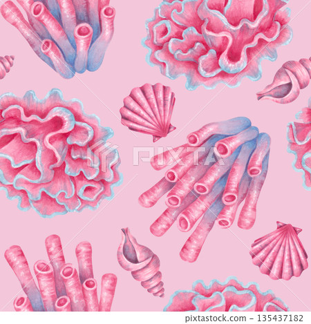 Seamless marine pattern of tube corals, shells and scallop. Watercolor illustration of underwater animals. Hand drawn, isolated image. Underwater tropical background for fabric, paper and textiles. 135437182