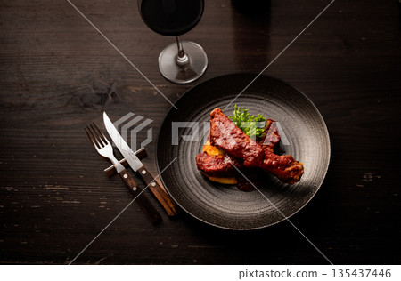 Spare ribs and red wine 135437446