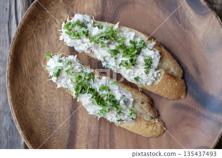 Tuna and Broccoli Sprout Tartine Baguette Open Sandwich Tuna and Broccoli Sprout Tartine Baguette Open Sandwich 135437493