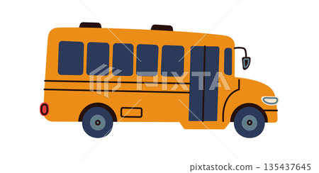 Yellow school bus in cute cartoon style, vector flat illustration with friendly mood. Urban transport for kids education, traffic safety themes, posters, apps, games and playful learning materials Yellow school bus in cute cartoon style, vector flat illustration with friendly mood. Urban transport for kids education, traffic safety themes, posters, apps, games and playful learning materials 135437645