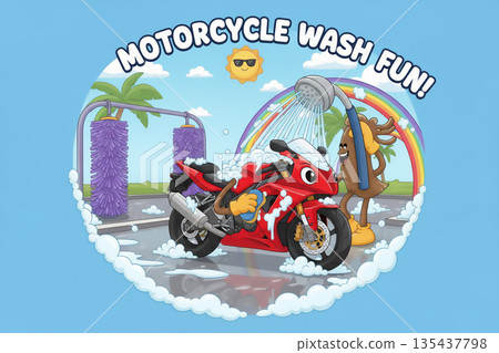 一幅毛筆人物清洗紅色摩托車的插圖 一幅毛筆人物清洗紅色摩托車的插圖 135437798