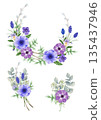 Set of watercolor botanical wreath and mini bouquet of blue anemones and muscari 135437946