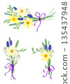 Watercolor botanical bouquet set of daffodils and muscari flowers 135437948