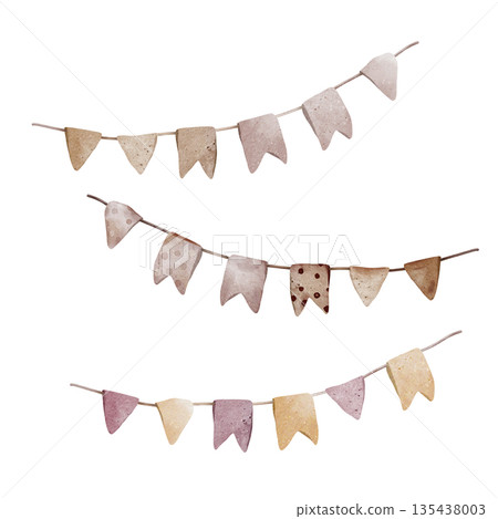Set of Harvest Festival Decorations and Invitations or Happy Birthday. Drawing of Garland with flags Banner for kids celebration. String with muted beige colors. Hand drawn watercolor illustration. Set of Harvest Festival Decorations and Invitations or Happy Birthday. Drawing of Garland with flags Banner for kids celebration. String with muted beige colors. Hand drawn watercolor illustration. 135438003