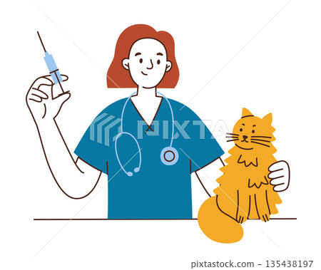 Woman veterinarian giving injection to cat, vector flat cartoon illustration for veterinary clinic concept. Pet vaccination and animal healthcare theme for medicine, clinics, education materials Woman veterinarian giving injection to cat, vector flat cartoon illustration for veterinary clinic concept. Pet vaccination and animal healthcare theme for medicine, clinics, education materials 135438197
