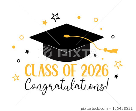 Class of 2026 Congratulations. Graduation 2026 greeting card, poster, vector flat illustration. Black color academic cap and numbers on white background. Mortarboard graduate symbol Class of 2026 Congratulations. Graduation 2026 greeting card, poster, vector flat illustration. Black color academic cap and numbers on white background. Mortarboard graduate symbol 135438531