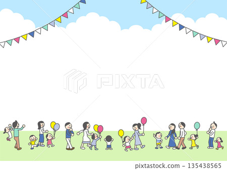 A lively illustration background of families gathering at an outdoor event (garland decoration, horizontal) A lively illustration background of families gathering at an outdoor event (garland decoration, horizontal) 135438565