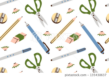 Seamless stationery pattern with writing and drawing tools, vector flat cartoon illustration in playful style. Pens, pencils, erasers, scissors, sharpener for school theme, education, creative hobbies 135438637