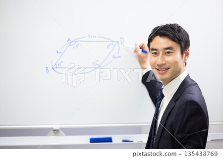 Smiling cram school teacher using a whiteboard to teach math Smiling cram school teacher using a whiteboard to teach math 135438769