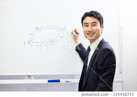 Smiling cram school teacher using a whiteboard to teach math 135438773