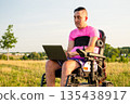 Man in a wheelchair with laptop on his lap, symbolizing inclusive remote work and independence. 135438917