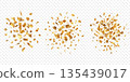 Golden confetti burst with ribbons falling on transparent background. Festive party decoration for birthday celebration, anniversary event or carnival surprise with glitter sparkle effect. 135439017