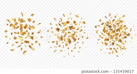 Golden confetti burst with ribbons falling on transparent background. Festive party decoration for birthday celebration, anniversary event or carnival surprise with glitter sparkle effect. 135439017