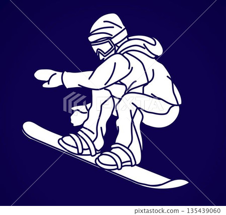 Snowboard Player Jumping Action Extreme Sport Snowboarder Action Cartoon Graphic Vector 135439060