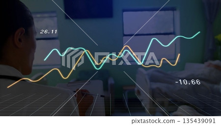 Physician writing on clipboard at bedside in clinic with stethoscope and chart overlay, copy space 135439091