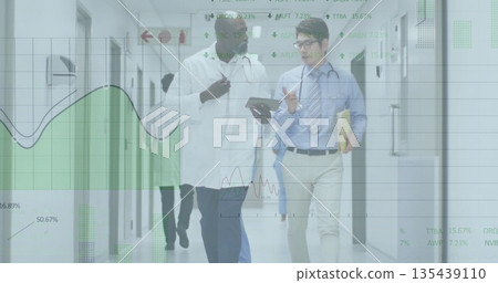 Walking two doctors in lab coat and tie along hospital corridor, reviewing tablet data overlays Walking two doctors in lab coat and tie along hospital corridor, reviewing tablet data overlays 135439110