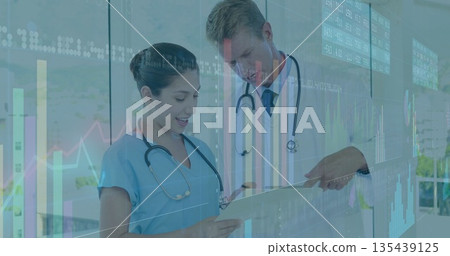 Nurse and doctor pointing and analyzing clipboard in corridor, with stethoscopes, digital overlays Nurse and doctor pointing and analyzing clipboard in corridor, with stethoscopes, digital overlays 135439125