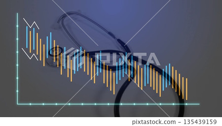 Lying silver-chest-piece stethoscope with black tubing on medical tabletop, with bar chart overlay 135439159