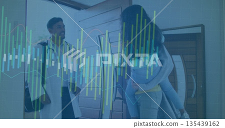 Doctor wearing lab coat with stethoscope greeting mother holding daughter at door, chart overlay Doctor wearing lab coat with stethoscope greeting mother holding daughter at door, chart overlay 135439162