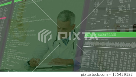 Jotting notes doctor wearing white coat, stethoscope in clinic with code and encryption panel Jotting notes doctor wearing white coat, stethoscope in clinic with code and encryption panel 135439182