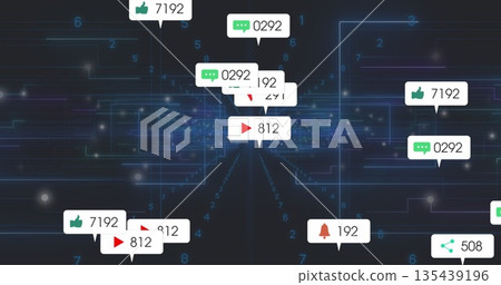Converging cluster of social media icons with counters in network interface, circuit lines Converging cluster of social media icons with counters in network interface, circuit lines 135439196