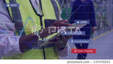 Worker wearing neon safety vest tapping tablet amid warehouse shelves, graphs and notifications Worker wearing neon safety vest tapping tablet amid warehouse shelves, graphs and notifications 135439201