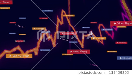 Displaying neon jagged line chart showing notification badges on dashboard, with real-time metrics Displaying neon jagged line chart showing notification badges on dashboard, with real-time metrics 135439203