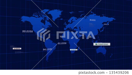 Rendering digital world map shapes over navy grid background, with floating numeric data labels Rendering digital world map shapes over navy grid background, with floating numeric data labels 135439206