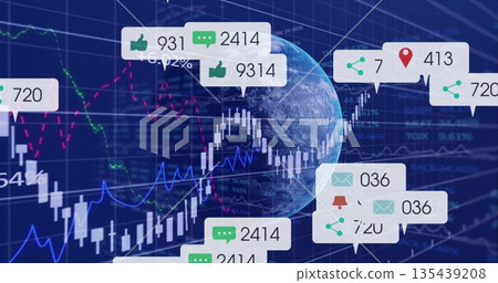 Floating 3D globe over trading grid, with candlestick bars, line graphs and notification callouts Floating 3D globe over trading grid, with candlestick bars, line graphs and notification callouts 135439208