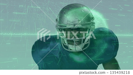 Shouting football player wearing silver helmet facemask navy pads amid virtual reality data overlay Shouting football player wearing silver helmet facemask navy pads amid virtual reality data overlay 135439218