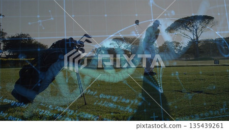 Swinging senior golfer hitting golf ball on fairway, with golf bag and DNA overlay, copy space 135439261
