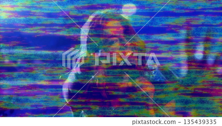Revealing woman in dark sleeveless top through glitch filter in digital space, with glowing orbs Revealing woman in dark sleeveless top through glitch filter in digital space, with glowing orbs 135439335