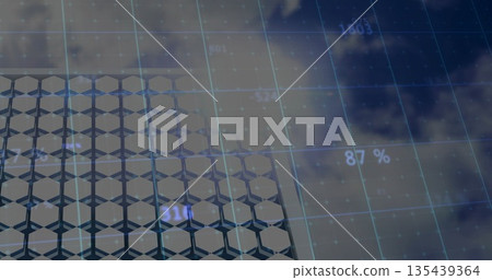 Displaying abstract hexagonal column grid in digital space, with numeric labels and cloud motif Displaying abstract hexagonal column grid in digital space, with numeric labels and cloud motif 135439364
