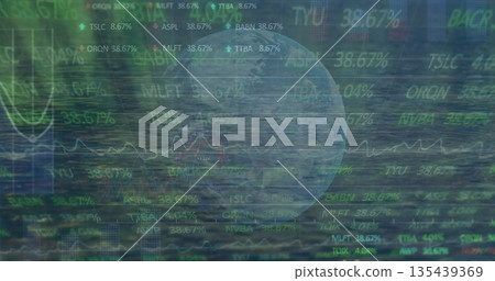 Floating transparent Earth globe blending with open sea, with stock tickers, % values and arrows 135439369