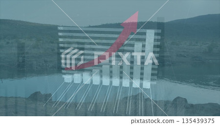 Floating 3D bar chart showing ascending bars above lake shore, with translucent grid, red arrow Floating 3D bar chart showing ascending bars above lake shore, with translucent grid, red arrow 135439375