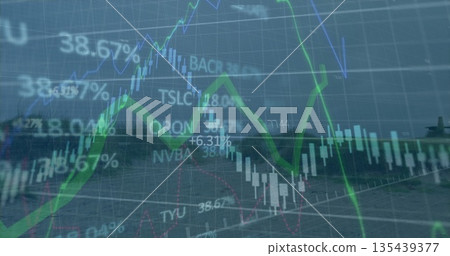 Presenting market data overlaying dock with trend line, bars, lines, percentages, symbols and grid Presenting market data overlaying dock with trend line, bars, lines, percentages, symbols and grid 135439377