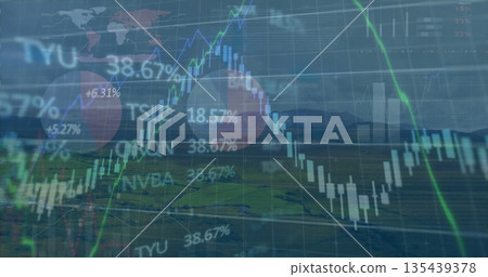 Showing data overlay over valley fields, with candlestick bars, line graphs, pie chart and tickers 135439378