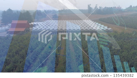 Showing white-roofed greenhouse canopy spanning orchard rows in farmland, with bar chart overlay Showing white-roofed greenhouse canopy spanning orchard rows in farmland, with bar chart overlay 135439382