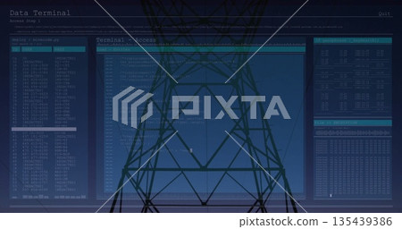 Displaying terminal UI overlaying lattice transmission tower in remote corridor, with code panels Displaying terminal UI overlaying lattice transmission tower in remote corridor, with code panels 135439386