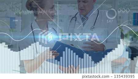 Examining patient files in blue folder at clinic by two doctors with stethoscopes and data overlays 135439395