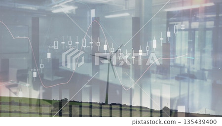 Glass walls merging with grassy hills in boardroom, showcasing wind turbine under chart overlays 135439400