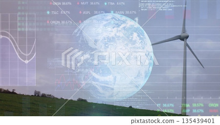 Rotating white wind turbine on grassy hill, with Earth globe overlay and data analytics, copy space Rotating white wind turbine on grassy hill, with Earth globe overlay and data analytics, copy space 135439401