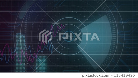 Displaying futuristic digital dashboard interface, showing radial HUD, magenta and cyan line graphs Displaying futuristic digital dashboard interface, showing radial HUD, magenta and cyan line graphs 135439450