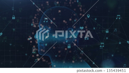 Showing wireframe head streaming data flow in virtual network, with padlock camera and Wi-Fi icons 135439451