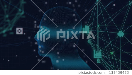 Mesh head silhouette glowing with nodes and network lines in grid with financial icons, copy space Mesh head silhouette glowing with nodes and network lines in grid with financial icons, copy space 135439453